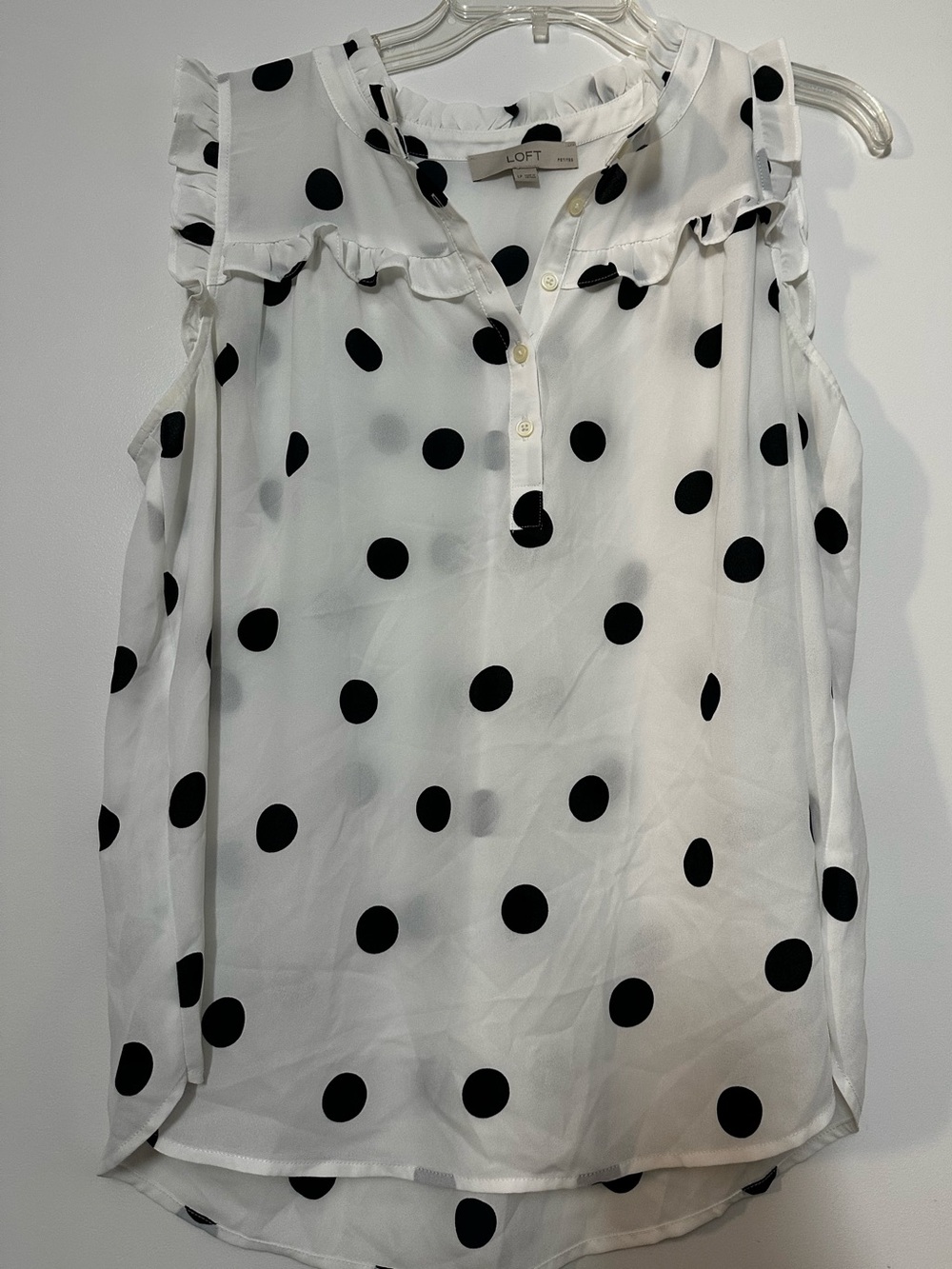LOFT White and Black Polka Dot Ruffle Sleeveless Blouse